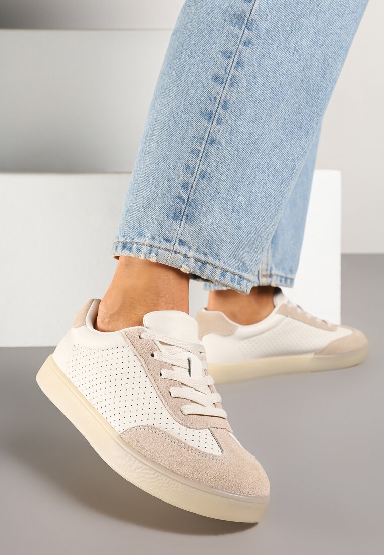 Beżowe Sneakersy Kultowe Tenisówki ze Skóry Naturalnej Borvia