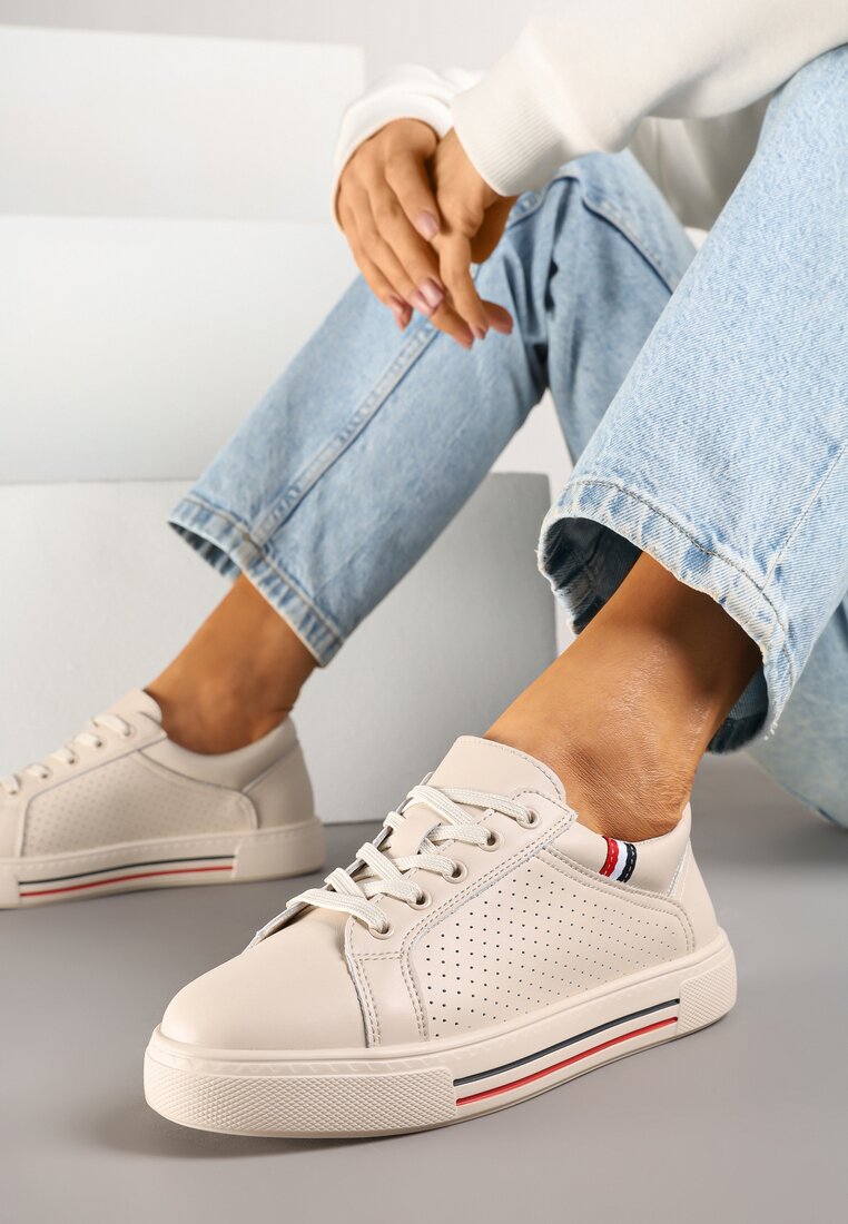 Beżowe Sneakersy Tenisówki ze Skóry Naturalnej Zdobione Perforacją Tillirene