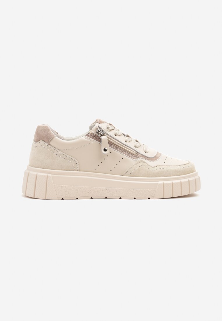 Beżowe Streetwearowe Sneakersy ze Skóry Naturalnej z Ozdobnym Suwakiem Eleavenna