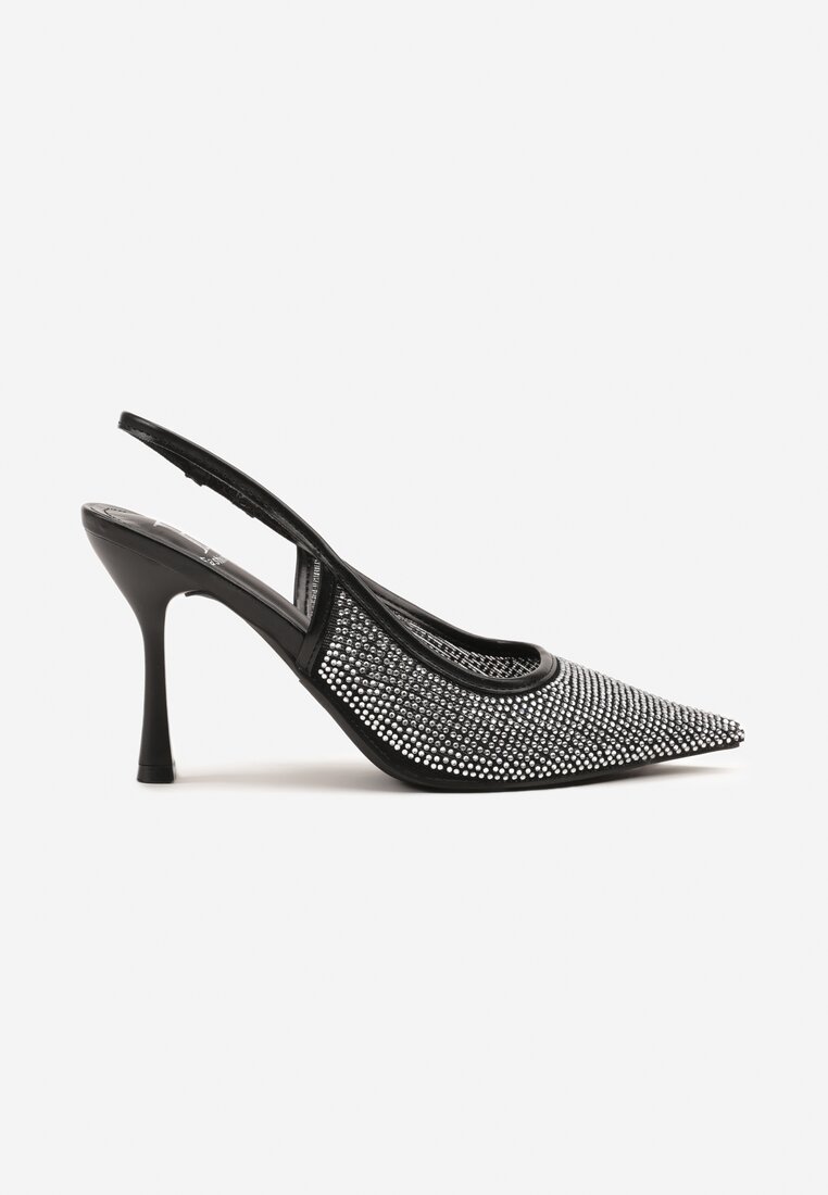 Czarne Sandały Szpilki Slingback z Noskiem w Szpic Zdobione Cyrkoniami Zenvia
