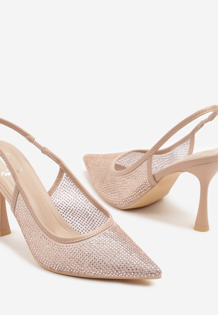 Beżowe Sandały Szpilki Slingback z Noskiem w Szpic Zdobione Cyrkoniami Zenvia