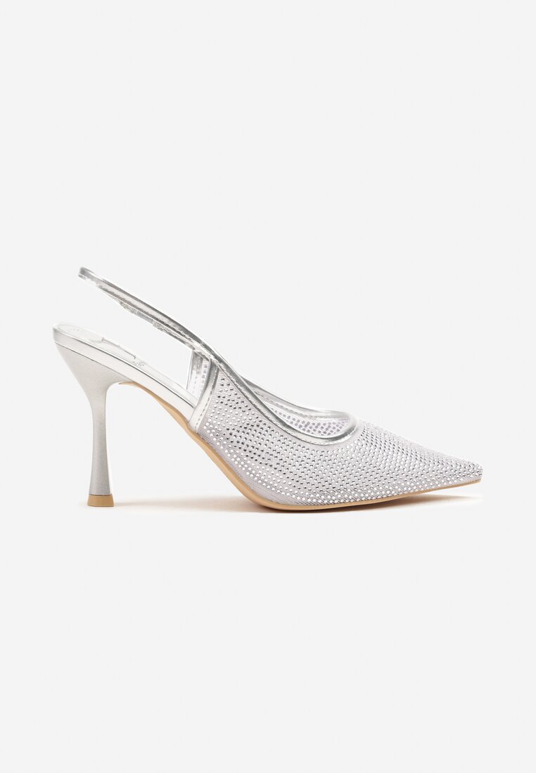 Srebrne Sandały Szpilki Slingback z Noskiem w Szpic Zdobione Cyrkoniami Zenvia