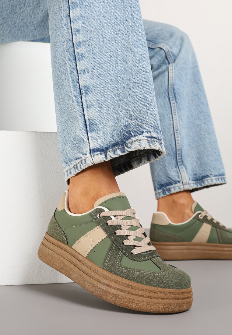 Zielone Sneakersy w Stylu Kultowych Tenisówek na Grubej Podeszwie Nanniris