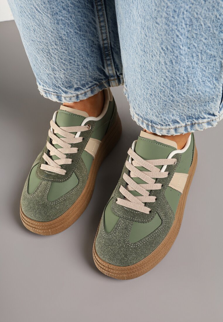 Zielone Sneakersy w Stylu Kultowych Tenisówek na Grubej Podeszwie Nanniris