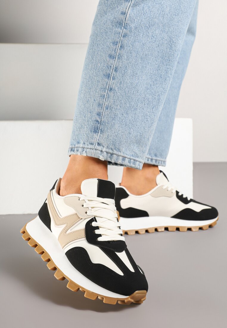 Czarno-Beżowe Sneakersy Ozdobione Geometrycznym Motywem Aluthia