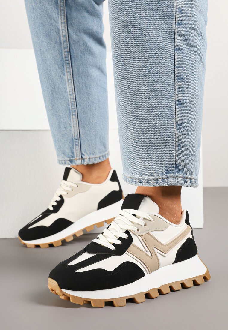 Czarno-Beżowe Sneakersy Ozdobione Geometrycznym Motywem Aluthia