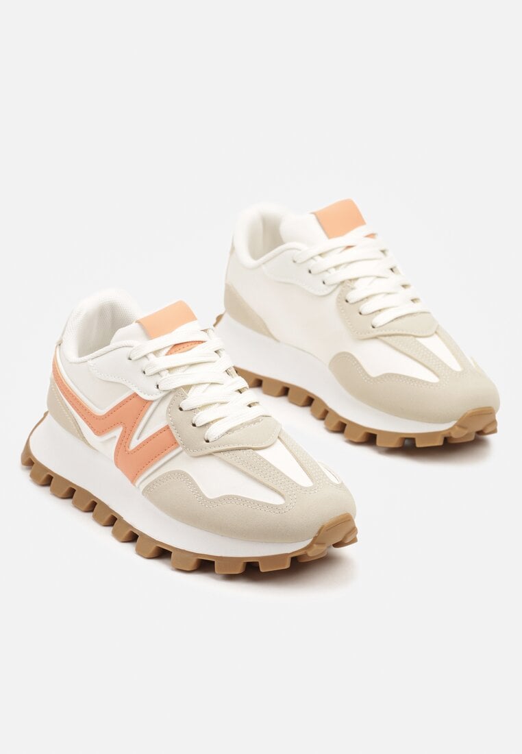Beżowo-Pomarańczowe Sneakersy Ozdobione Geometrycznym Motywem Aluthia