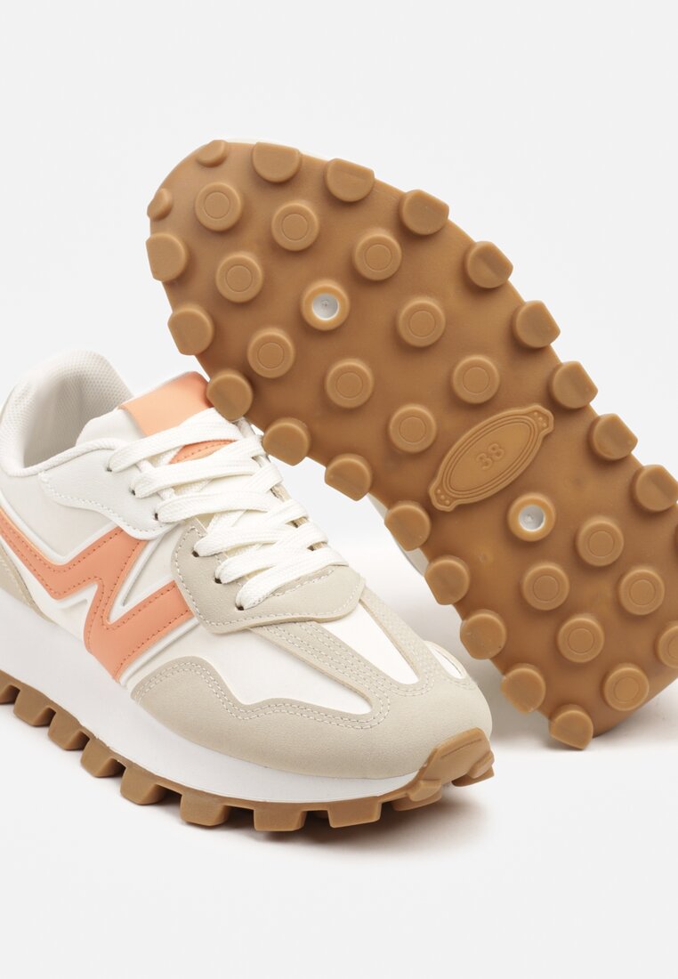 Beżowo-Pomarańczowe Sneakersy Ozdobione Geometrycznym Motywem Aluthia