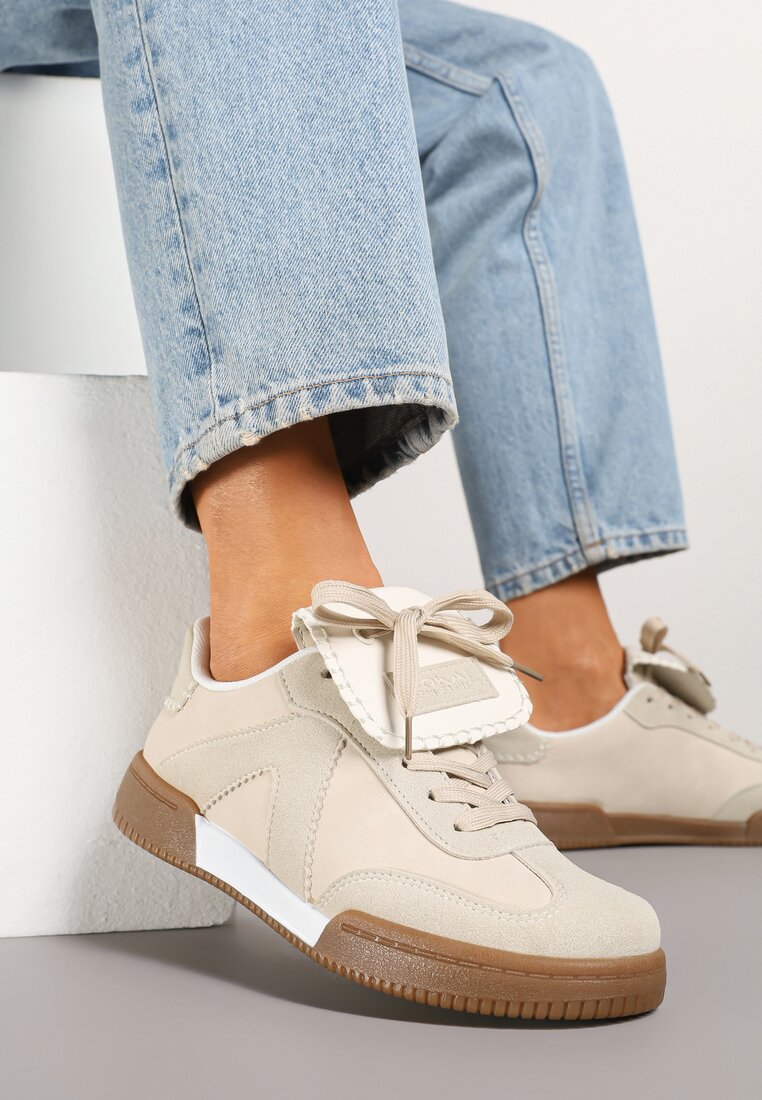 Beżowe Sneakersy w Stylu Tenisówek z Szerokim Językiem Alarila