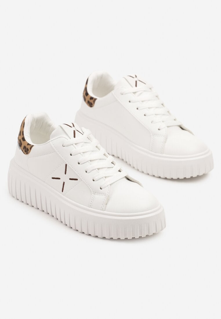 Białe Panterkowe Sneakersy na Platformie z Tłoczeniem i Brokatową Wstawką Nuselin