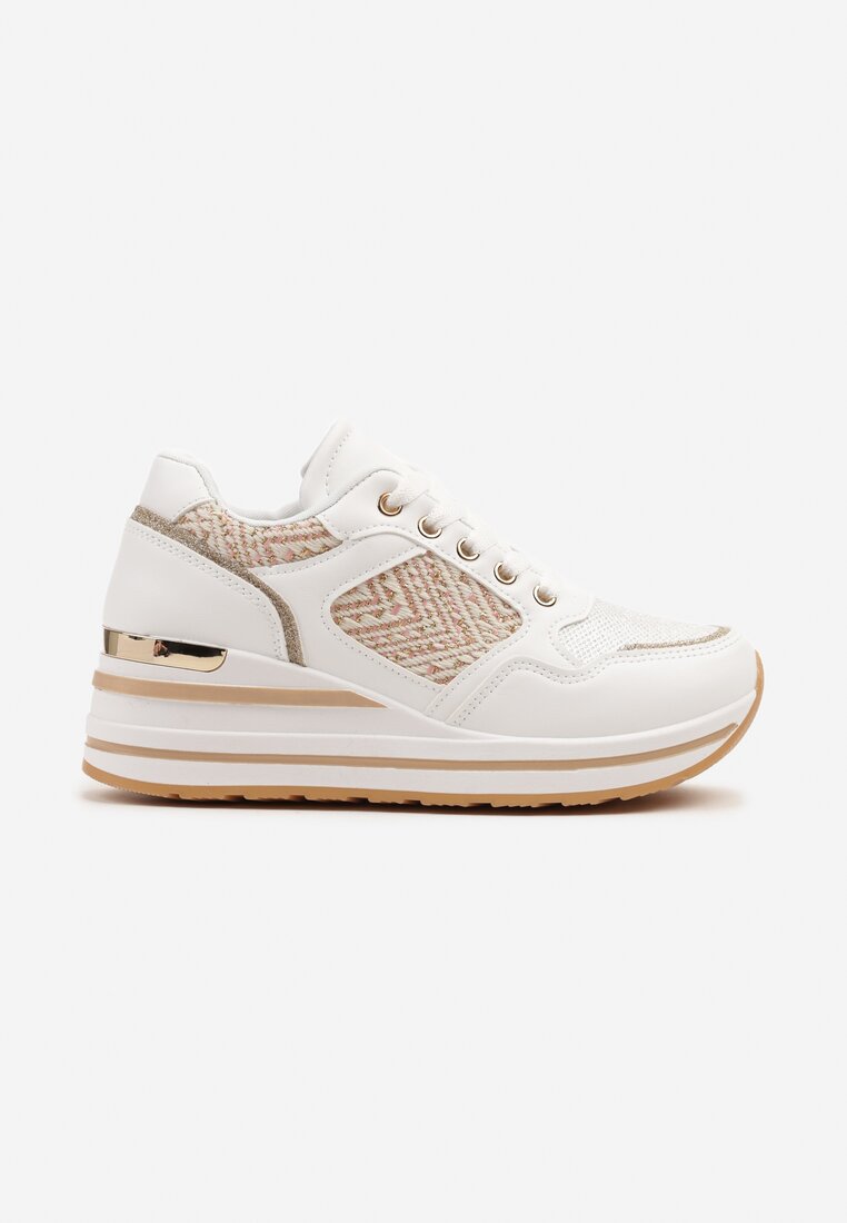 Białe Sneakersy na Koturnie z Geometrycznym Wzorem i Brokatem Tillineira