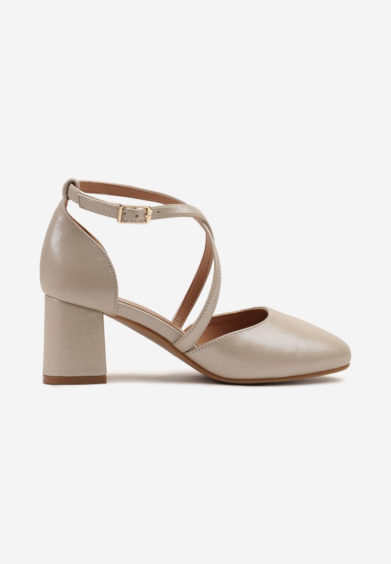 Beżowe Czółenka na Słupku z Metalicznym Połyskiem i Skórzaną Wkładką Soriala
