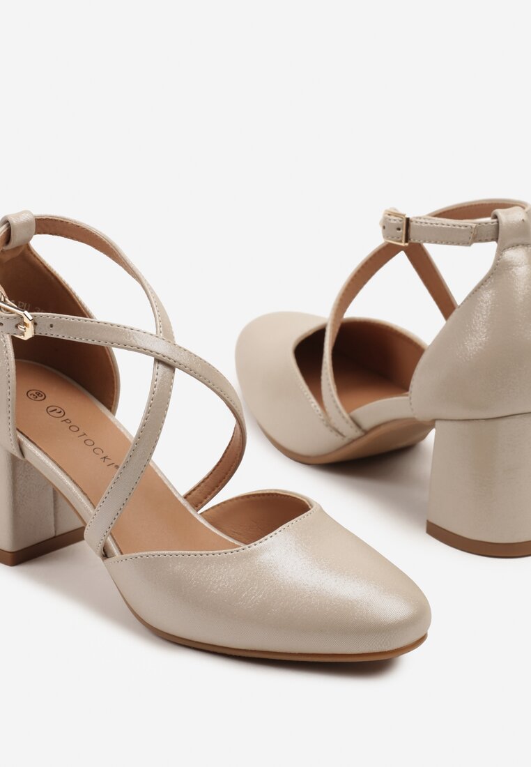 Beżowe Czółenka na Słupku z Metalicznym Połyskiem i Skórzaną Wkładką Soriala