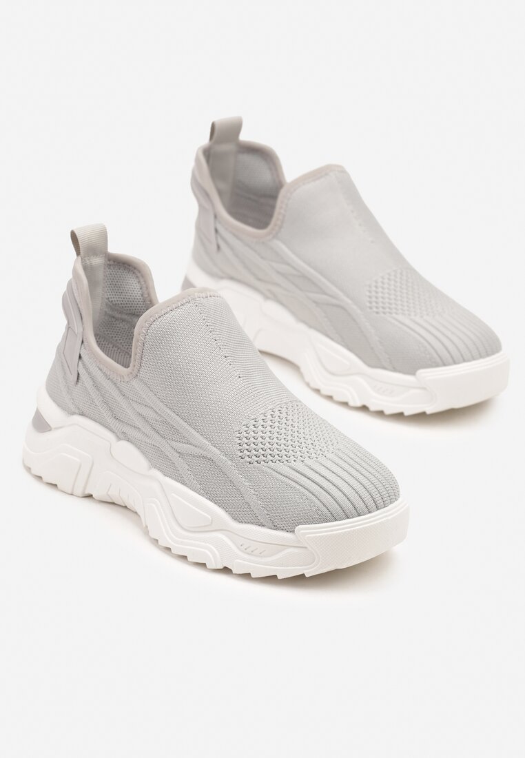 Szare Siateczkowe Buty Sportowe Sneakersy Wsuwane Zdobione Tłoczeniami Nusadela