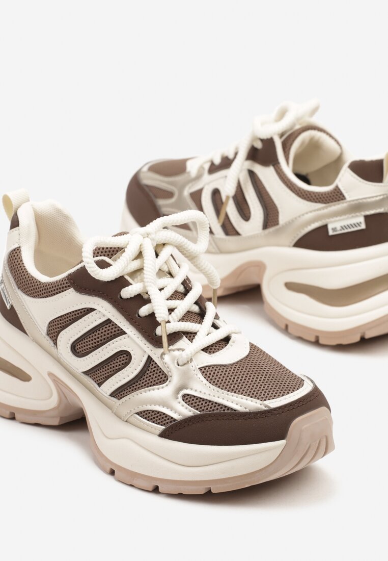 Brązowo-Beżowe Sneakersy na Platformie Ozdobione Geometrycznym Motywem  Desaniel