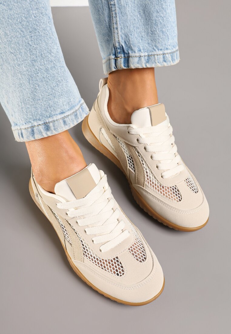 Ciemnobeżowe Sneakersy Tenisówki z Geometrycznym Motywem Amotheira