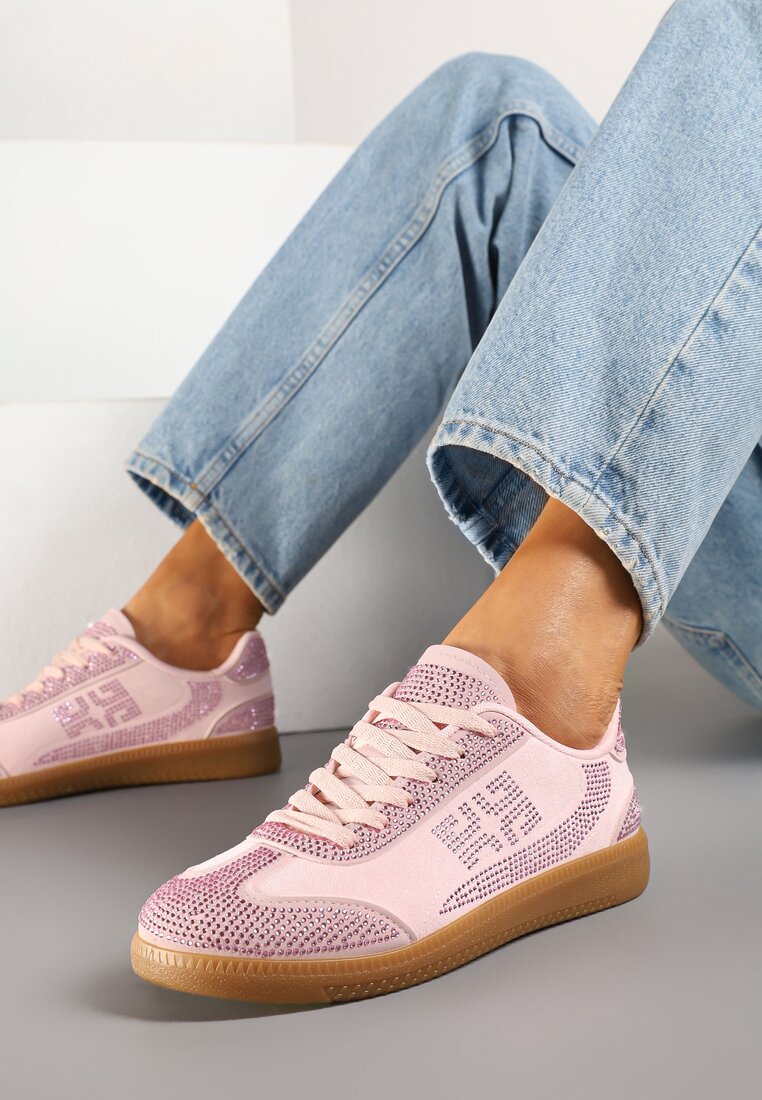 Różowe Sneakersy Tenisówki Ozdobione Cyrkoniami Amoiona