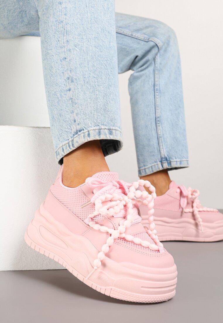 Różowe Sneakersy na Platformie z Koralikami Amovanna