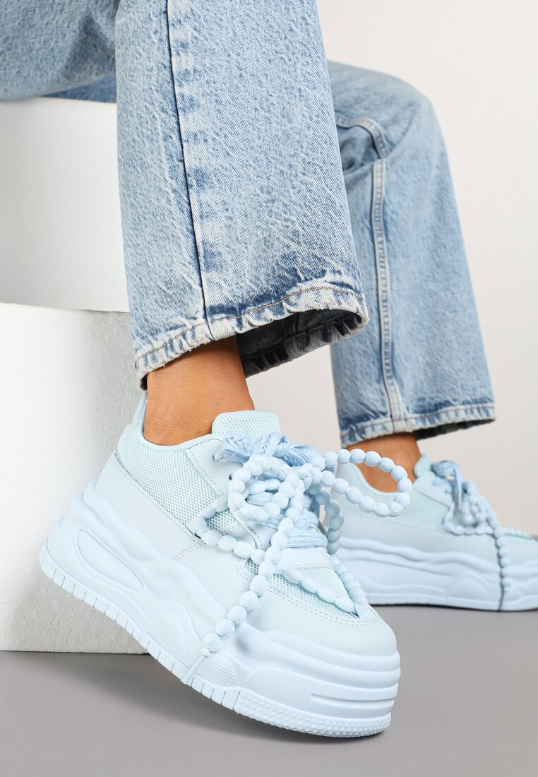 Niebieskie Sneakersy na Platformie z Koralikami Amovanna