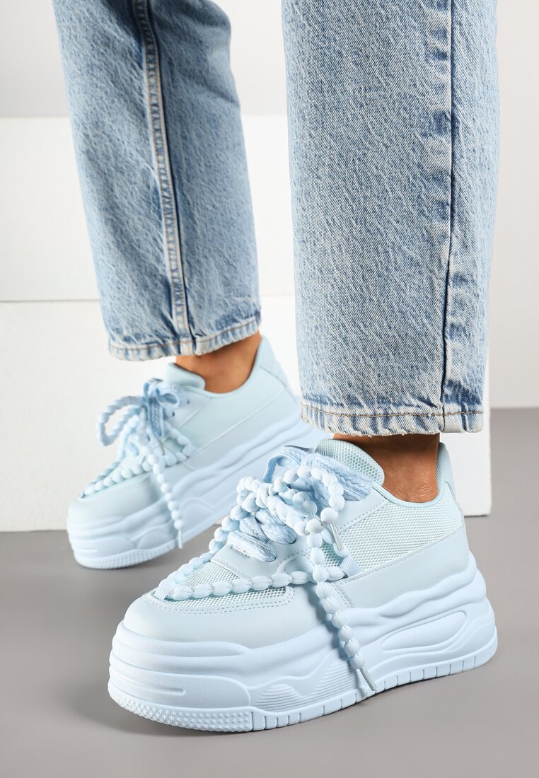 Niebieskie Sneakersy na Platformie z Koralikami Amovanna