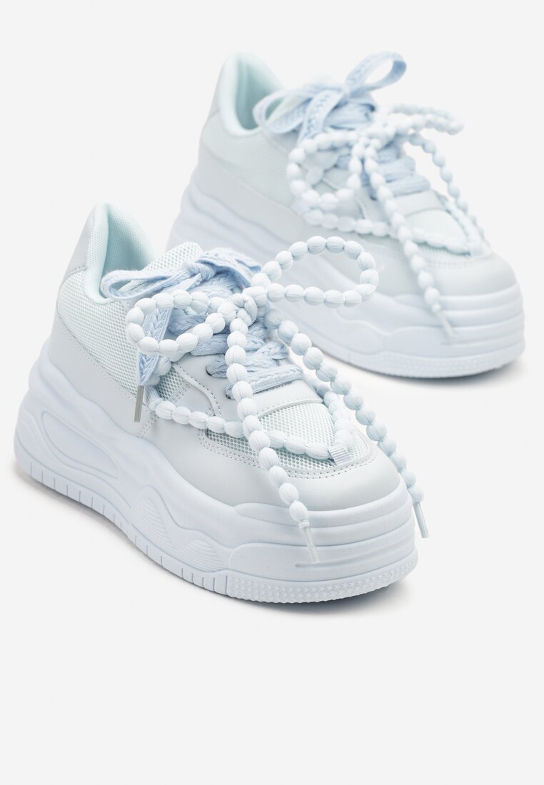 Niebieskie Sneakersy na Platformie z Koralikami Amovanna