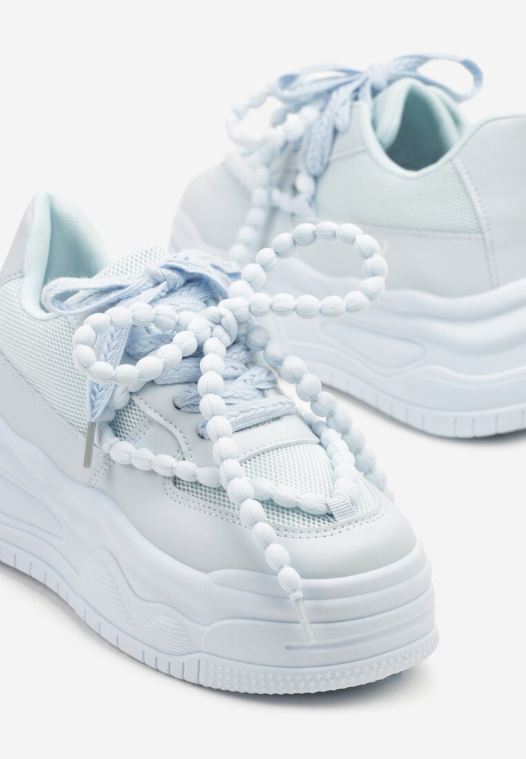 Niebieskie Sneakersy na Platformie z Koralikami Amovanna