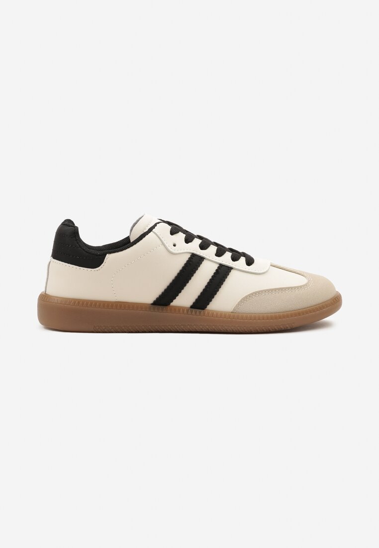 Beżowo-Czarne Casualowe Sneakersy na Płaskiej Podeszwie z Paskami Jereria