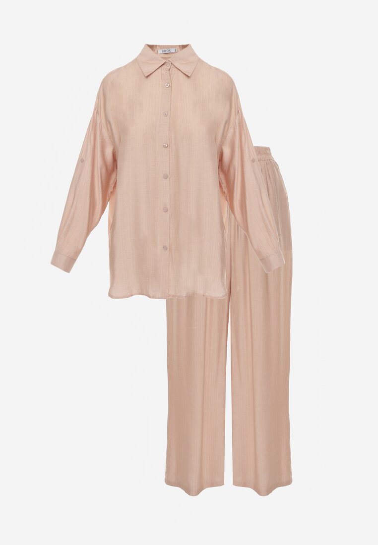 Beżowy Wiskozowy Komplet o Luźnym Kroju z Koszulą i Spodniami Sesorilia