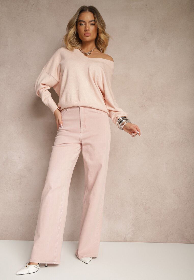 Różowe Bawełniane Jeansy o Szerokim Kroju High Waist Liltewia