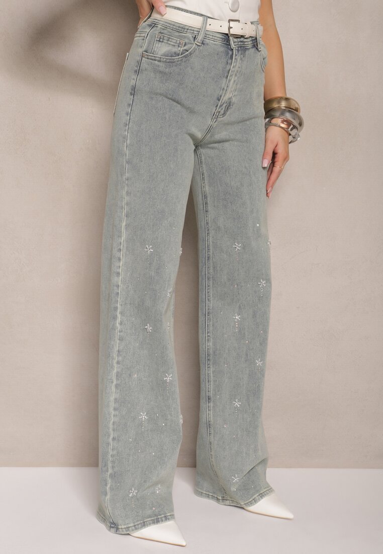Jasnoniebieskie Jeansy High Waist o Szerokim Kroju z Cyrkoniami i Koralikami Heltewi