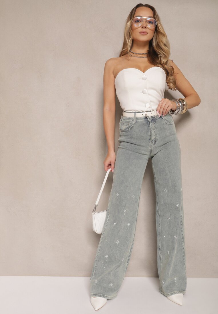 Jasnoniebieskie Jeansy High Waist o Szerokim Kroju z Cyrkoniami i Koralikami Heltewi