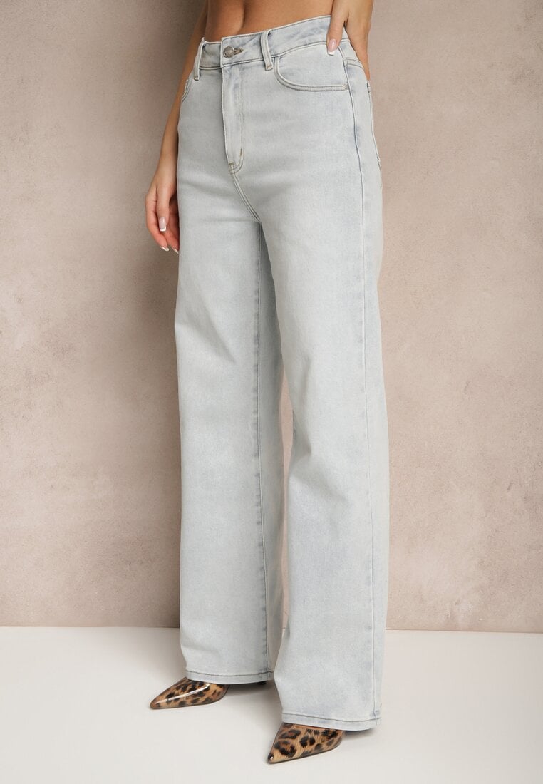 Jasnoniebieskie Jeansy High Waist z Szeroką Nogawką Sesmaris