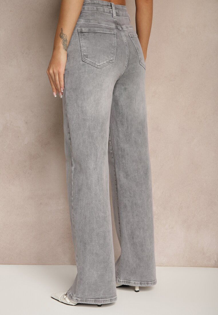 Szare Jeansy High Waist z Szerokimi Nogawkami Desamora