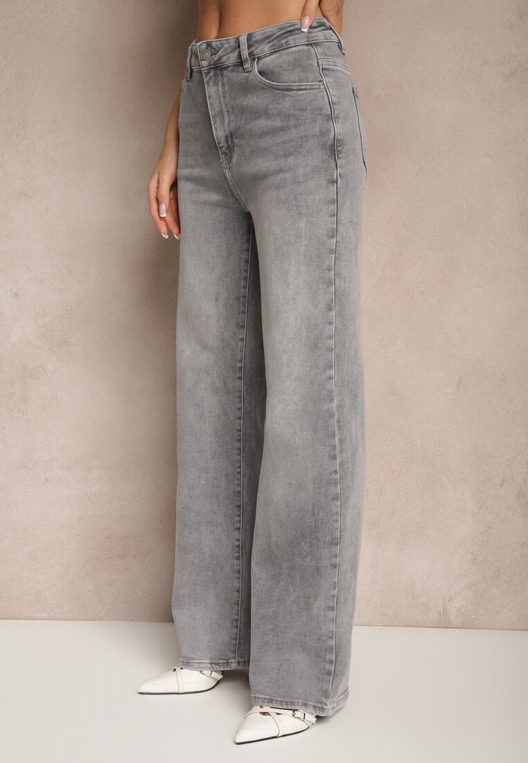 Szare Jeansy High Waist z Szerokimi Nogawkami Desamora