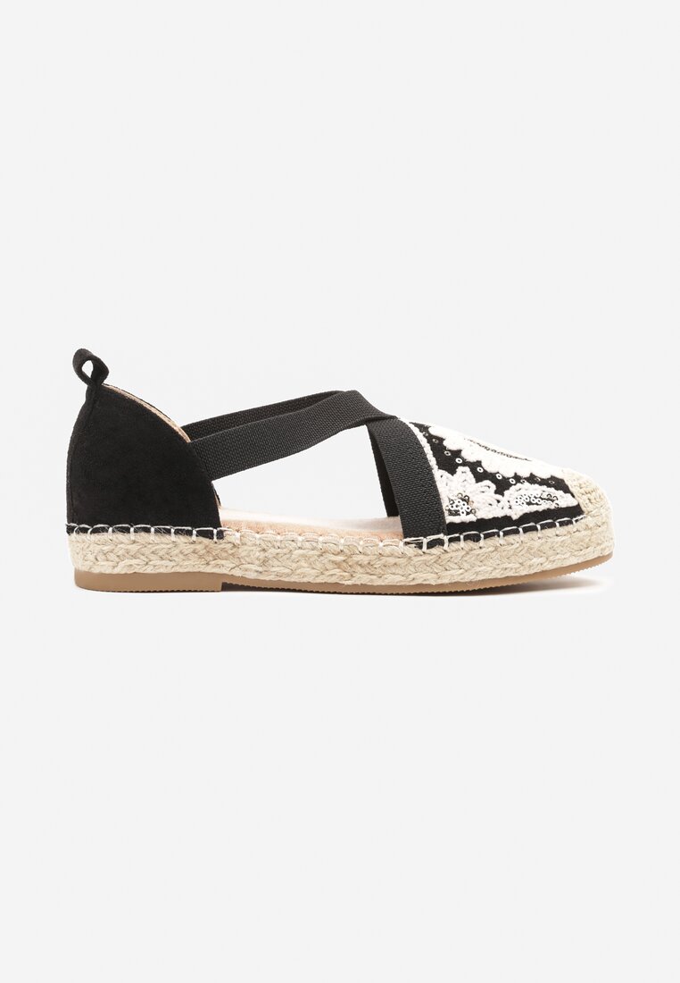 Czarne Espadryle w Stylu Boho Zdobione Haftem Cekinami i Plecionką Idariva