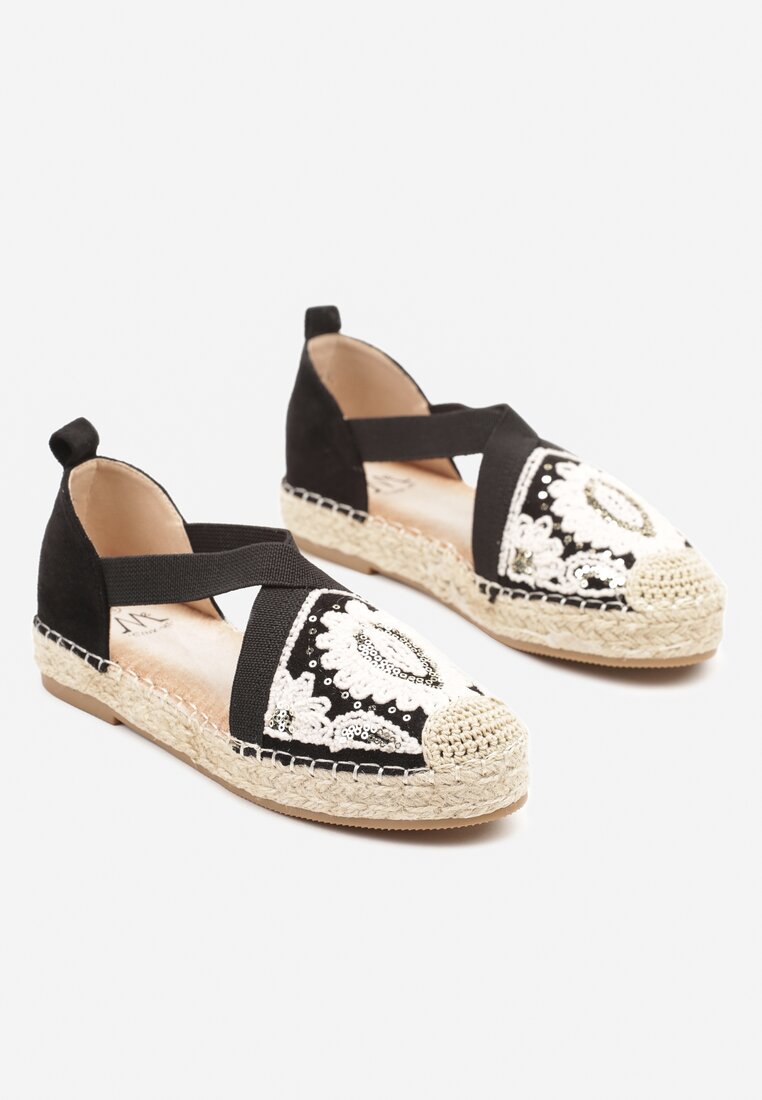Czarne Espadryle w Stylu Boho Zdobione Haftem Cekinami i Plecionką Idariva