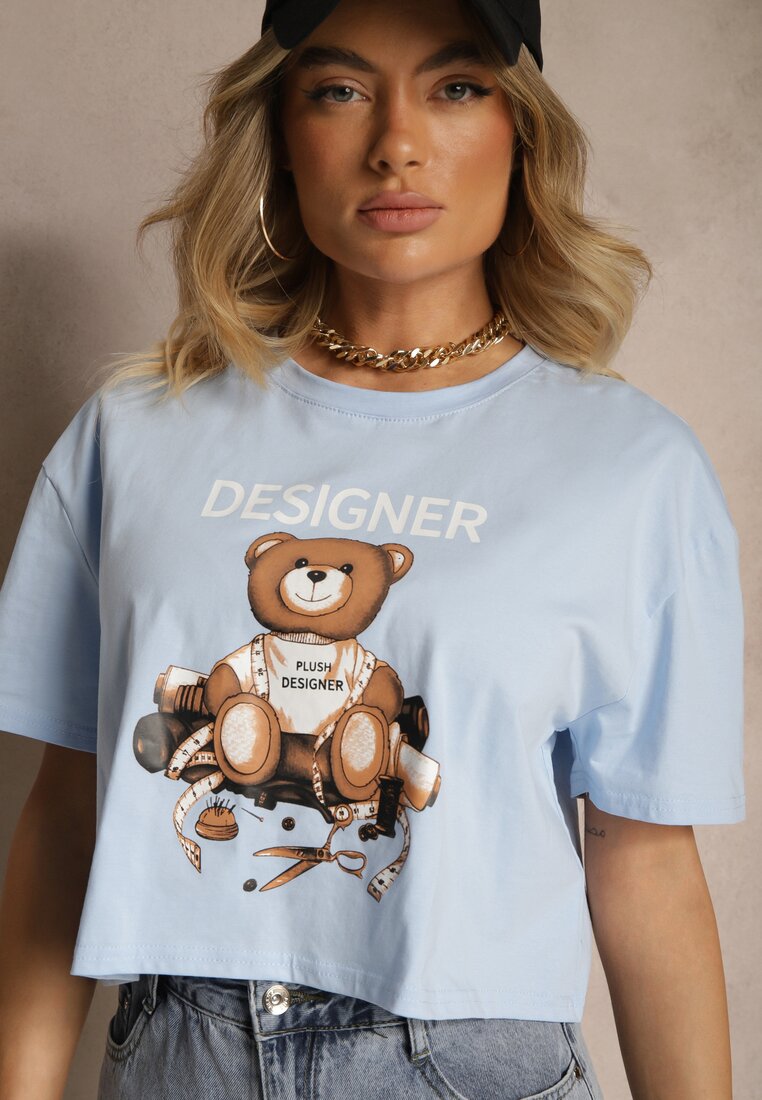 Niebieski Krótki T-shirt z Bawełną Ozdobiony Misiem Eladriel