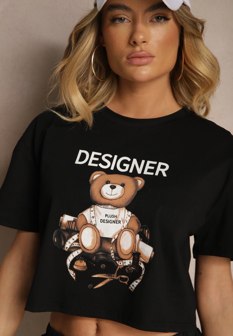 Czarny Krótki T-shirt z Bawełną Ozdobiony Misiem Eladriel