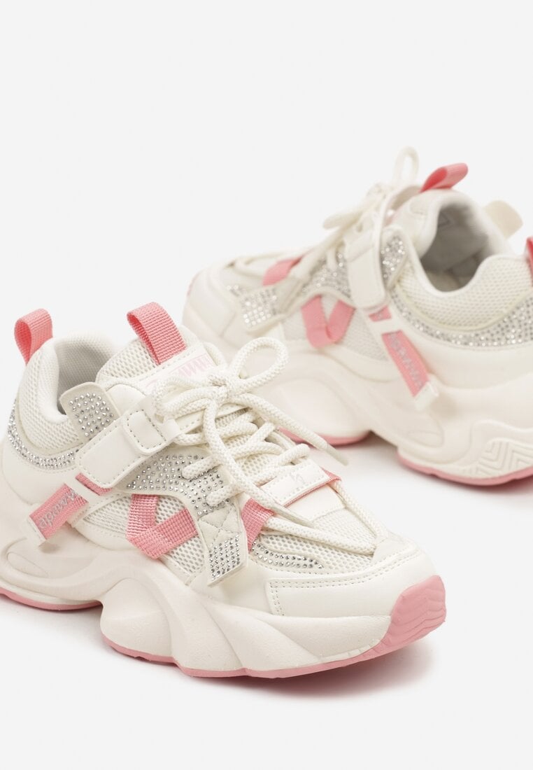 Beżowo-Różowe Buty Sportowe Sneakersy  na Platformie z Tłoczeniem i Napisem Olriti