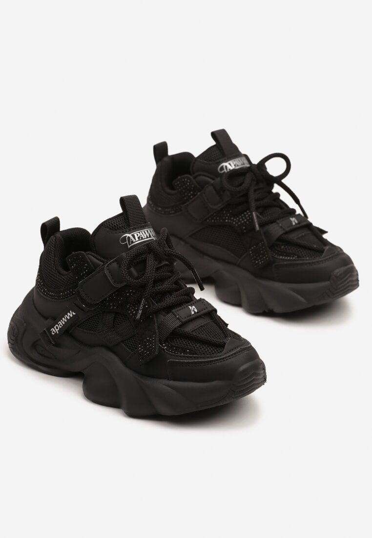 Czarne Buty Sportowe Sneakersy  na Platformie z Tłoczeniem i Napisem Olriti
