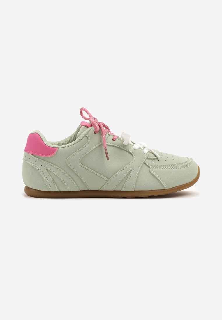 Jasnozielone Sneakersy Ozdobione Przeszyciami i Podwójnym Sznurowaniem Telisaria
