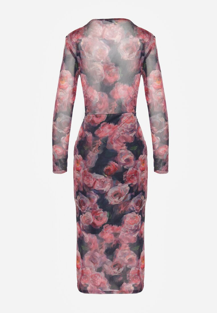 Czarno-Czerwona Kopertowa Sukienka z Siateczki z Wiskozą Zdobiona Marszczeniem Varseli