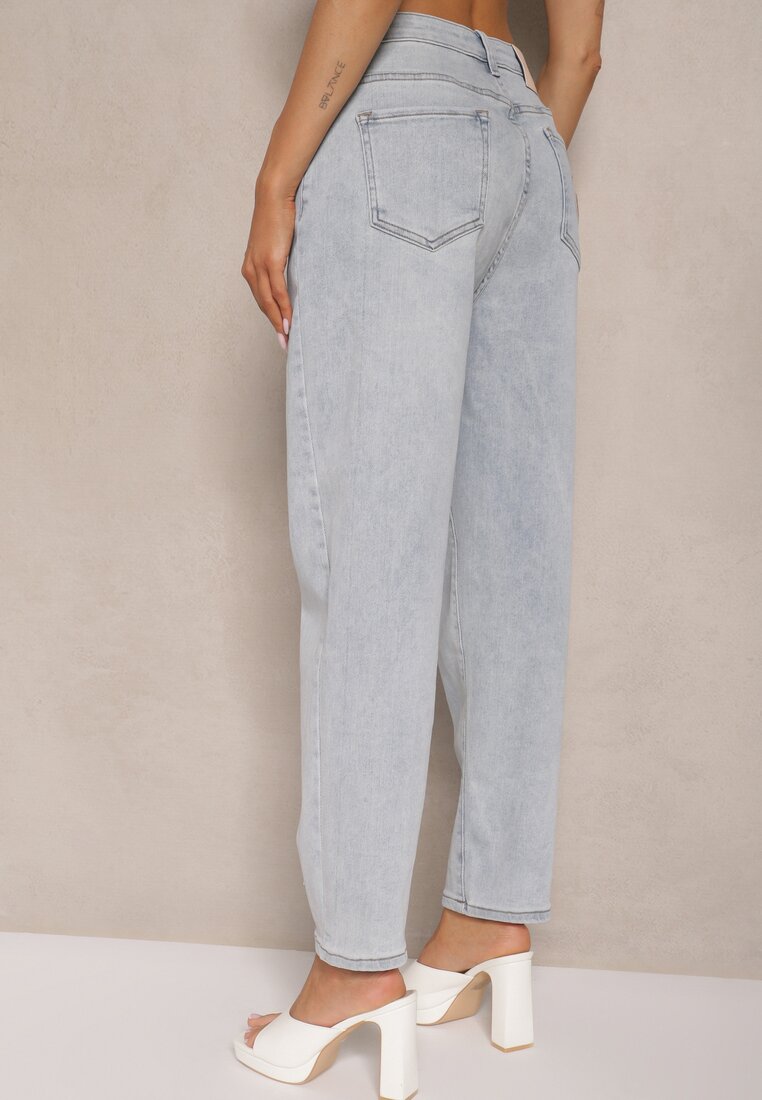 Niebieskie Jeansy Mom Fit High Waist Zdobione Haftem w Kształcie Serca Valliora