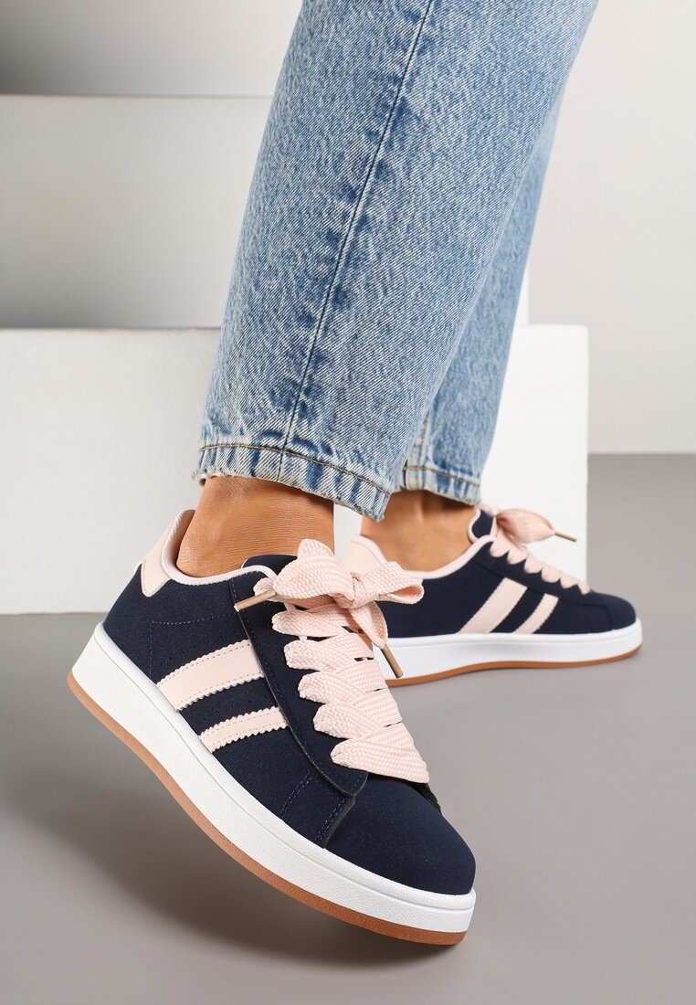 Granatowo-Różowe Sneakersy na Niskiej Platformie z Naszywkami Flordexia