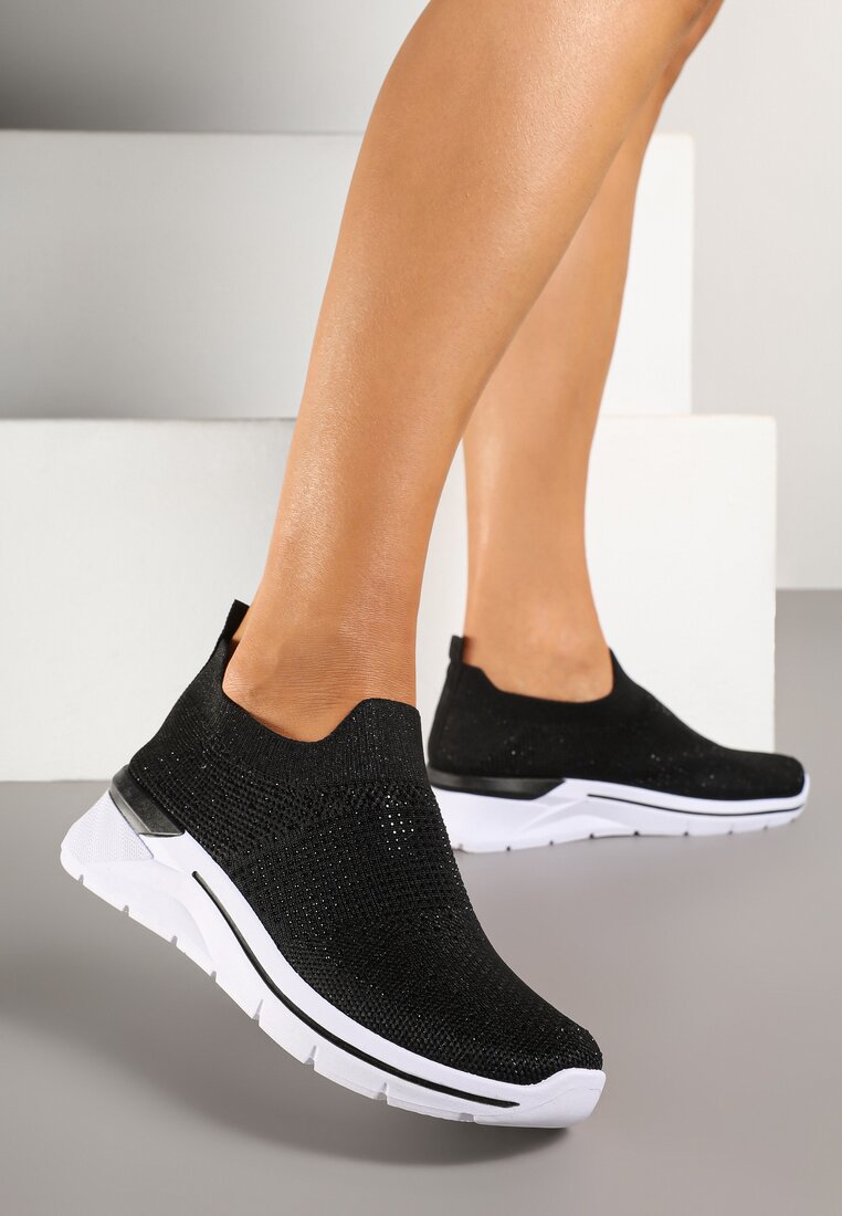 Czarne Buty Sportowe z Cholewką przed Kostkę z Miękkiego Materiału Ozdobione Cyrkoniami Telianisa
