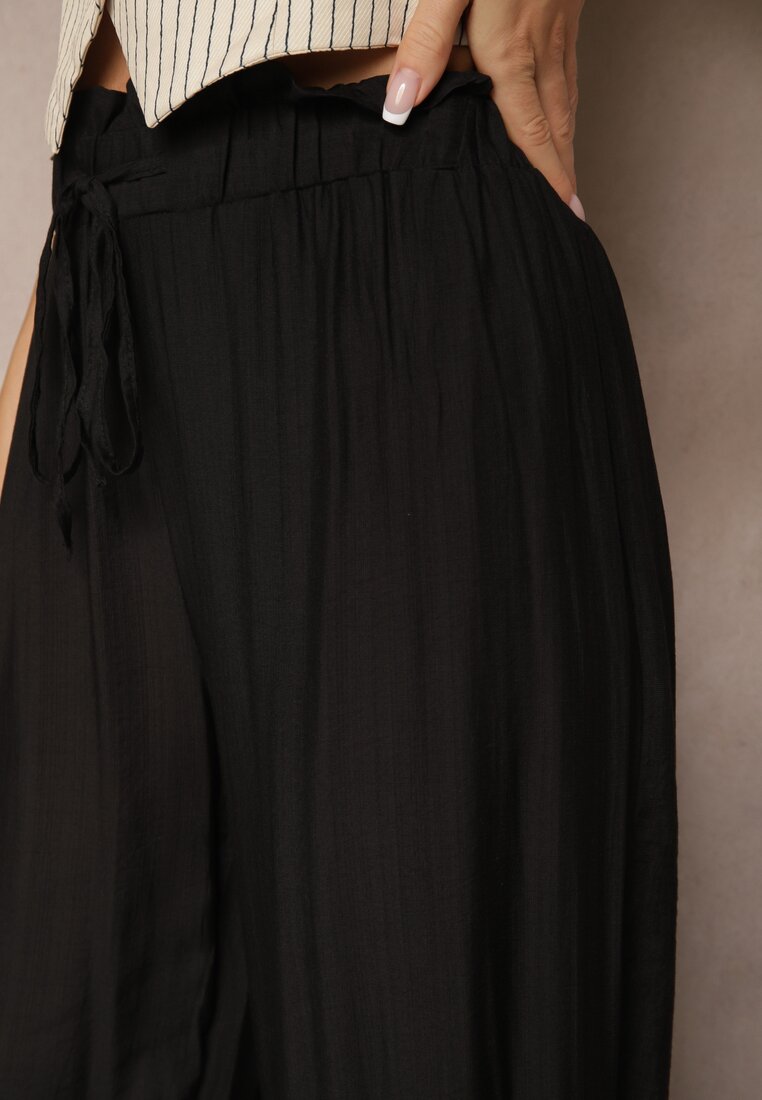 Czarne Spodnie High Waist o Szerokim Kroju z Wiązaniem Telisiela