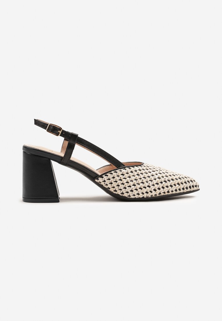 Czarne Sandały na Obcasie Slingback z Brokatową Plecionką Rivozi