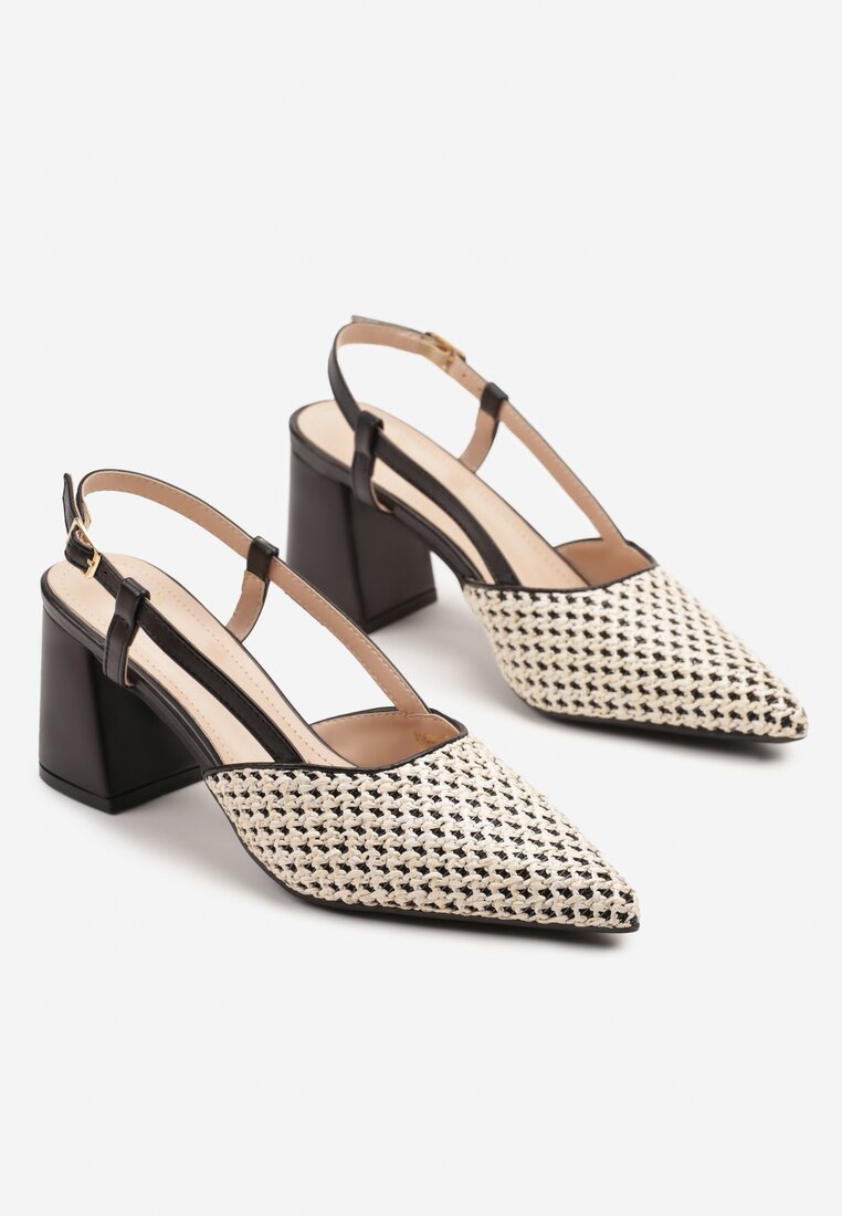 Czarne Sandały na Obcasie Slingback z Brokatową Plecionką Rivozi