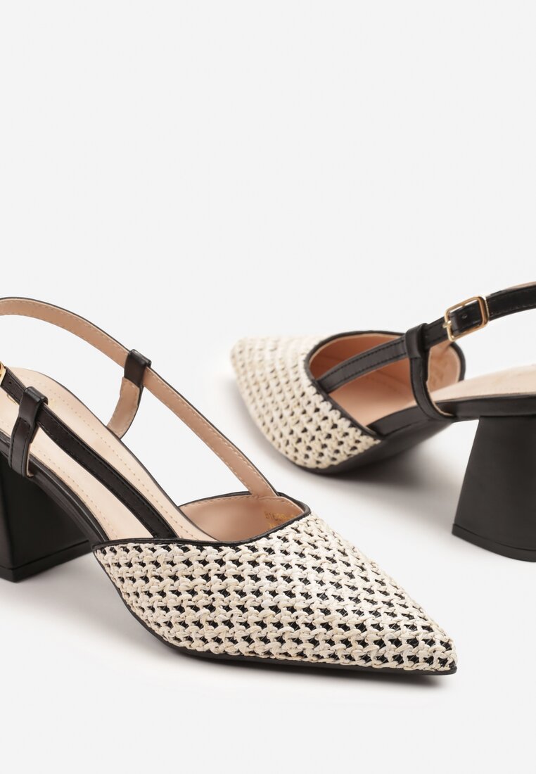 Czarne Sandały na Obcasie Slingback z Brokatową Plecionką Rivozi