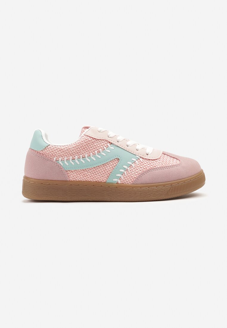 Różowe Sneakersy w Stylu Klasycznych Tenisówek Zdobione Przeszyciami i Tweedem Koriznne